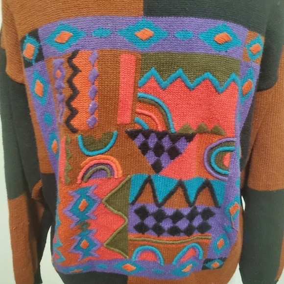 90s IBS Diffusion Vintage Tribal Embroidery Crew Neck Sweater Brown Black Sz 2X - Picture 5 of 5